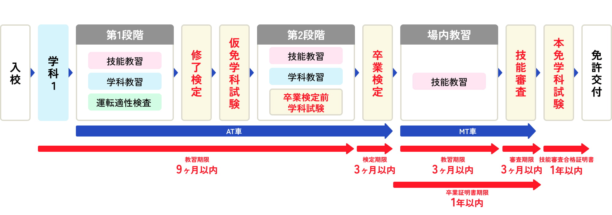 所持免許なし、または原付・小特免許所持の方が、MT免許を取得する際の流れを示すフローチャート。基本的な流れはAT車と同様だが、第1段階から「MT車」での技能教習が行われる。左から「入校」「学科1」を経て「第1段階」の技能・学科・適性検査を行い、「修了検定」「仮免学科試験」を通過。その後「第2段階」の技能・学科・卒業検定前学科試験を修了し、「卒業検定」に合格。最終的に免許センターでの「本免学科試験」を経て「免許交付」となる。各工程の期限（9ヶ月、3ヶ月、1年）も図示されている。